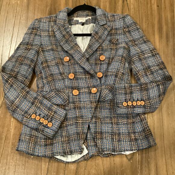 Veronica Beard Blue plaid tweed Miller Dickey Jacket double breasted cotton 4 - Picture 10 of 13